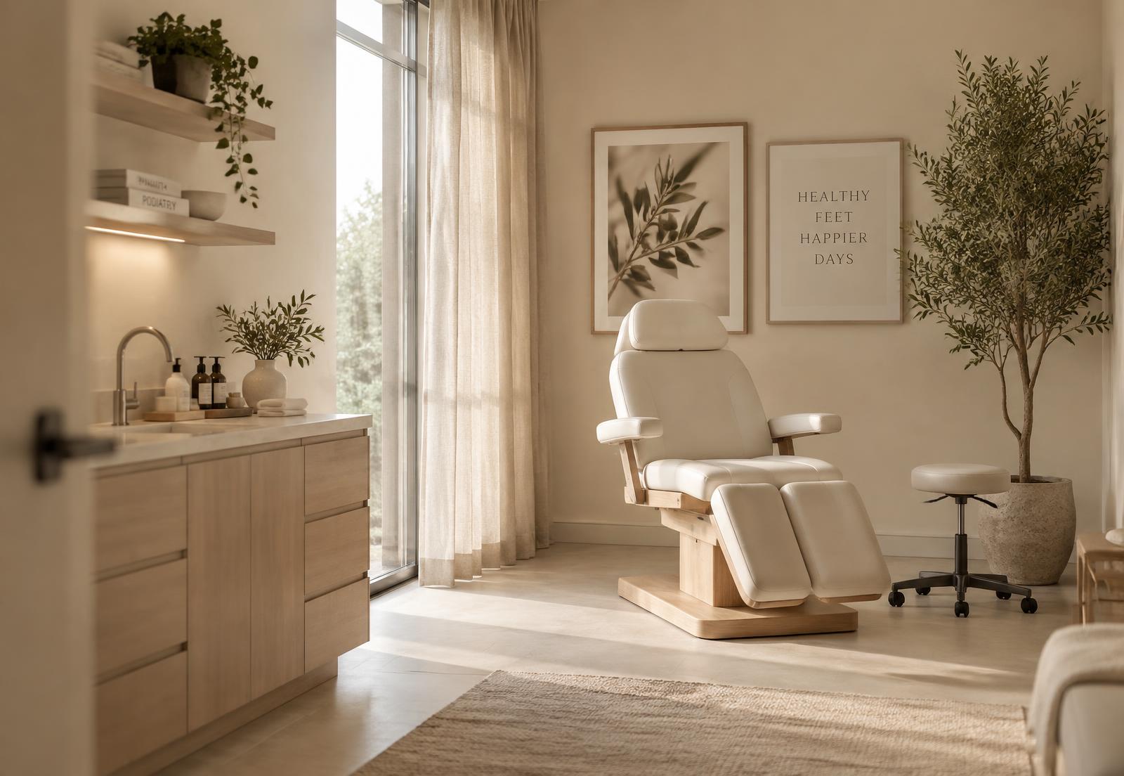 The Happy Feet treatment room, in warm beige tones