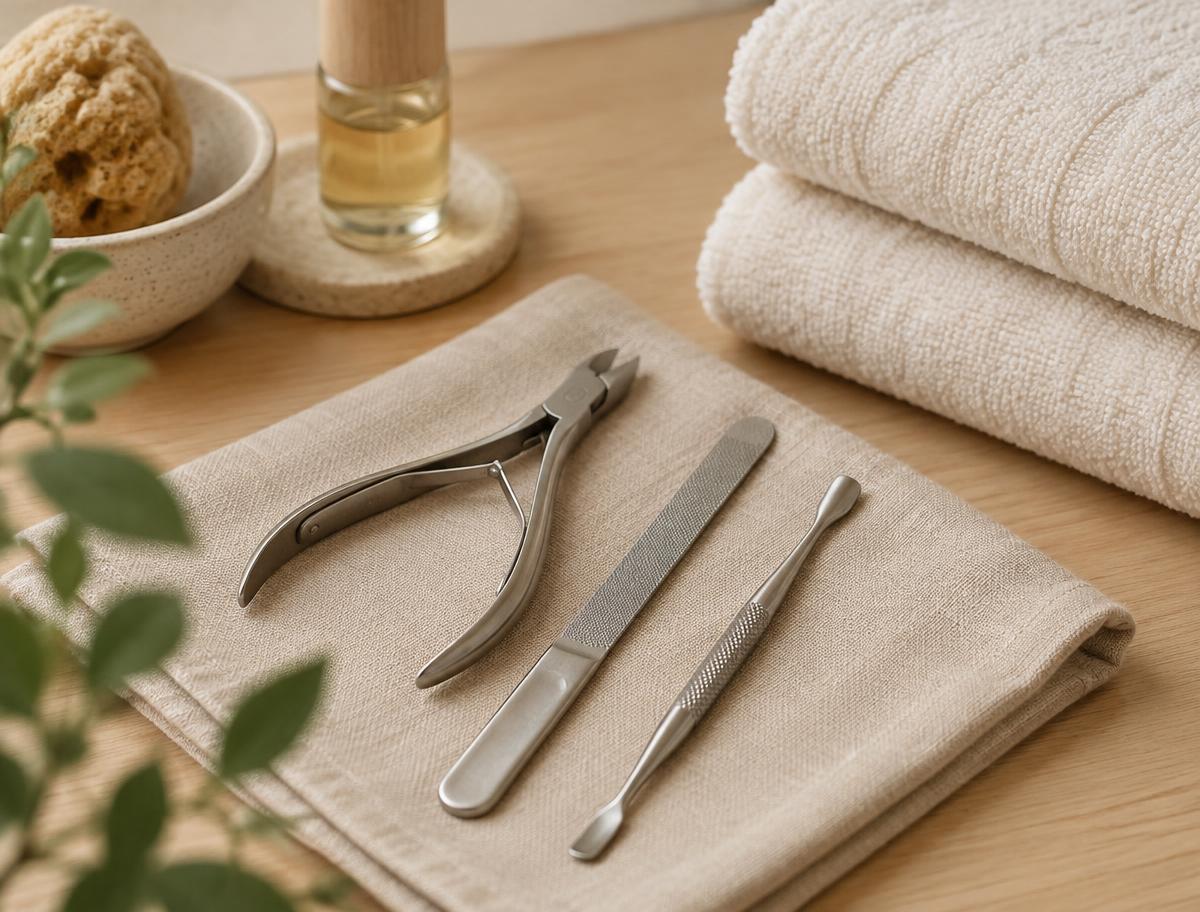Sterile podiatry instruments laid out on linen